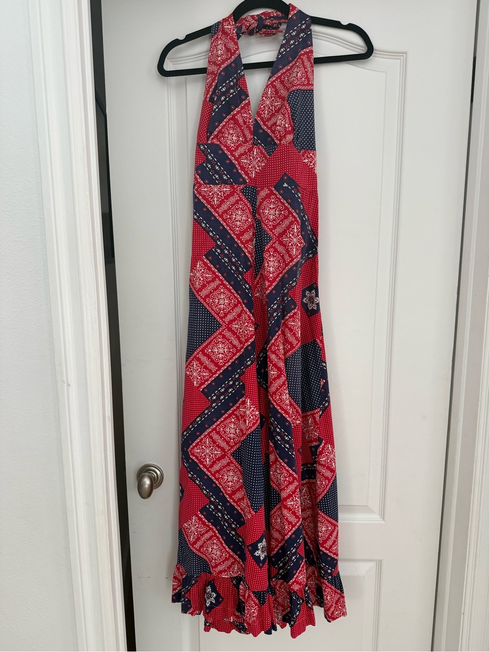 Red and Navy Bandana-Print Halter dress VINTAGE 1970s fourth of July style
